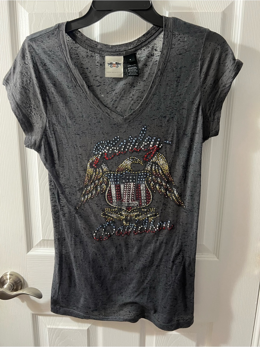 Harley-Davidson Black V-Neck Rhinestone Eagle Shield Tee